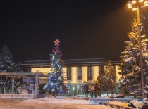 На фотографии изображена новогодняя елка, украшенная огнями, на фоне здания, вероятно, в зимний вече